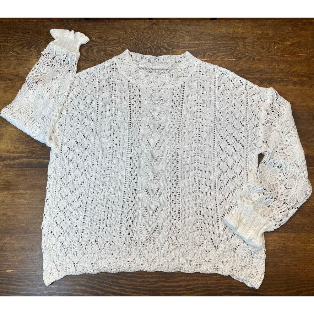 Crochet sweater Size Large Oversized White Boho Y2K Lagenlook Festival Mock Neck